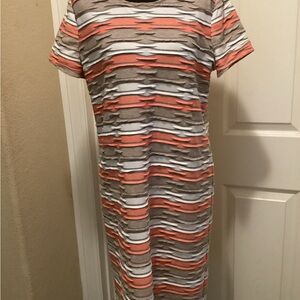 Chico's Textured Striped Maxi Dress in Coral, White & Taupe.  C29